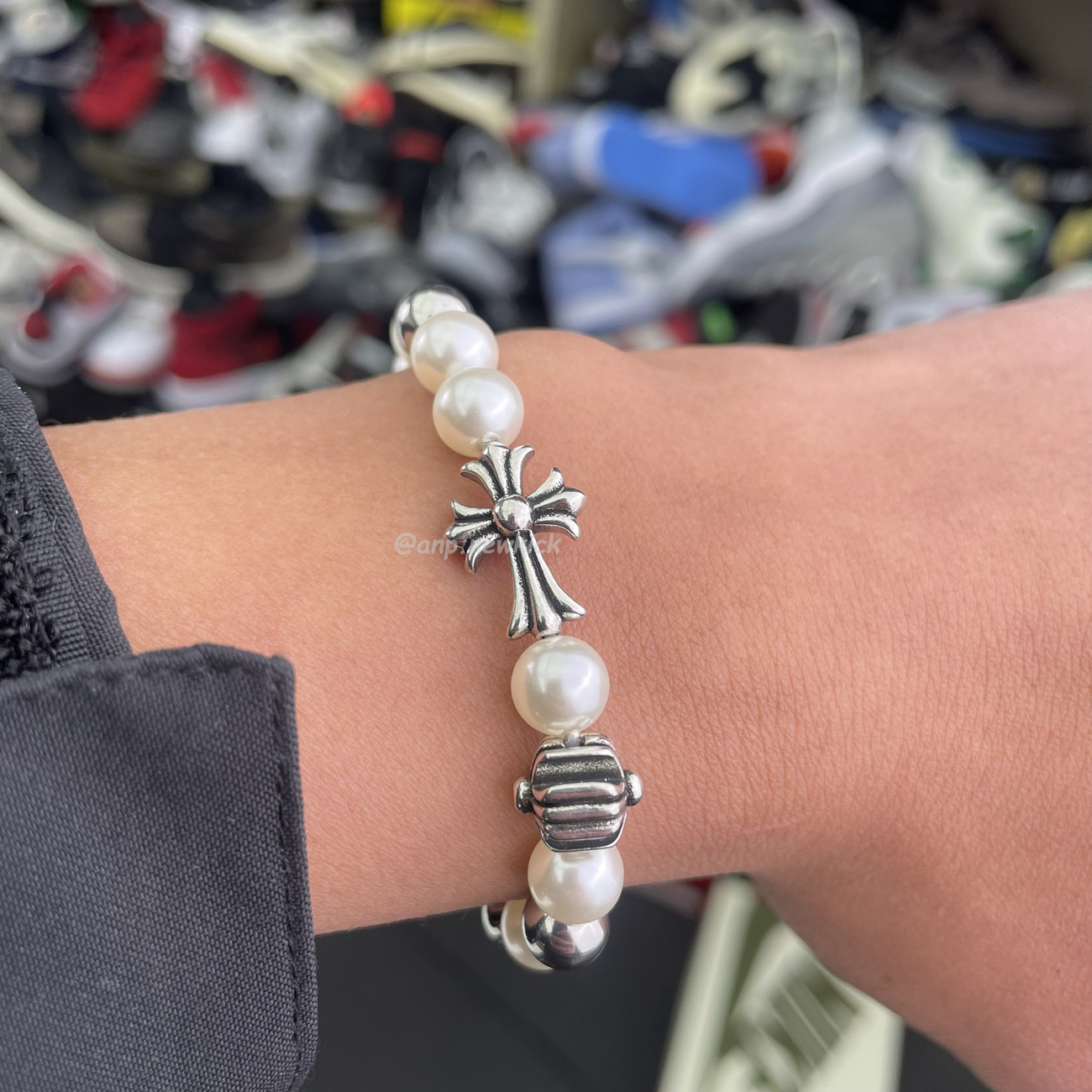 Chrome Hearts Pearl Silver Cross Flower Letter Ball Bracelet (8) - www.newkick.org