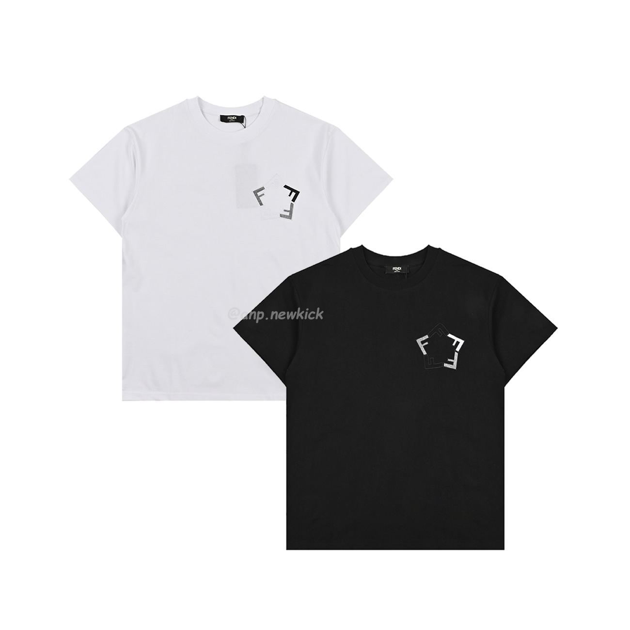 Fendi Pentagonal F Embroidered Flocked Round Neck Short Sleeved T Shirt (1) - www.newkick.org
