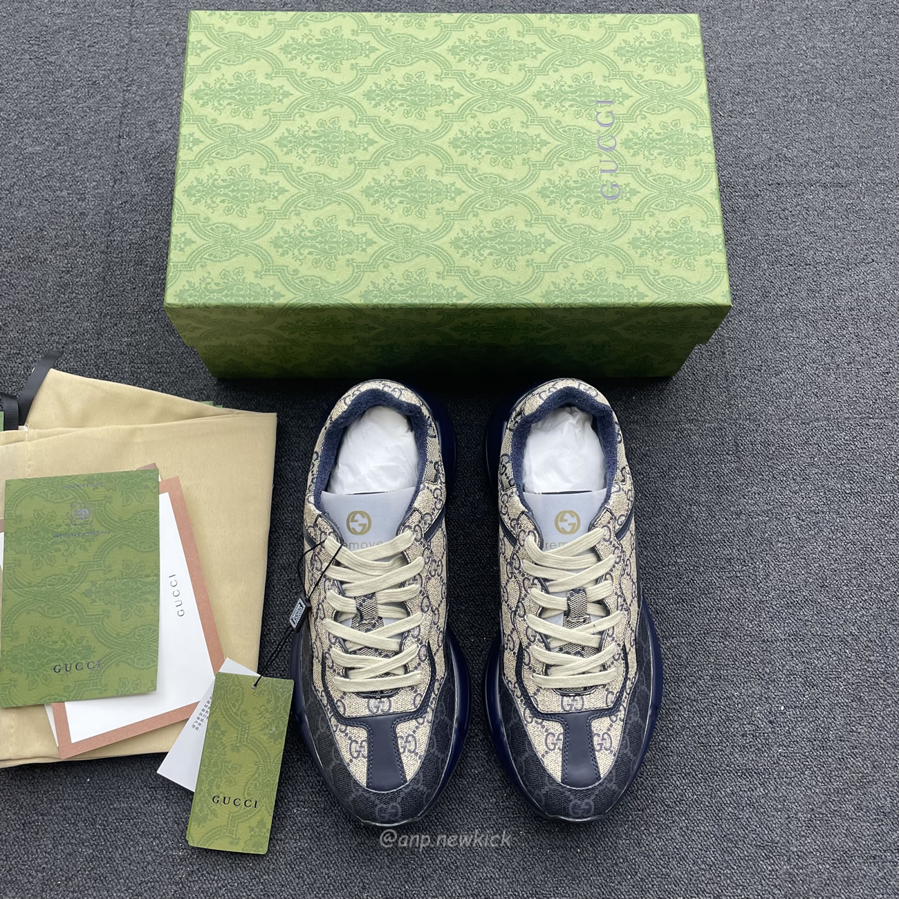 Gucci Blue Rhyton Gg Print Leather And Canvas Sneakers (6) - www.newkick.org Gucci Blue Rhyton Gg Print Leather And Canvas Sneakers (6) - www.newkick.org